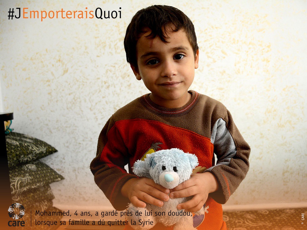 Mohammed, 4 ans, a gardé près de lui son doudou, lorsque sa famille a dû quitter la Syrie. CARE