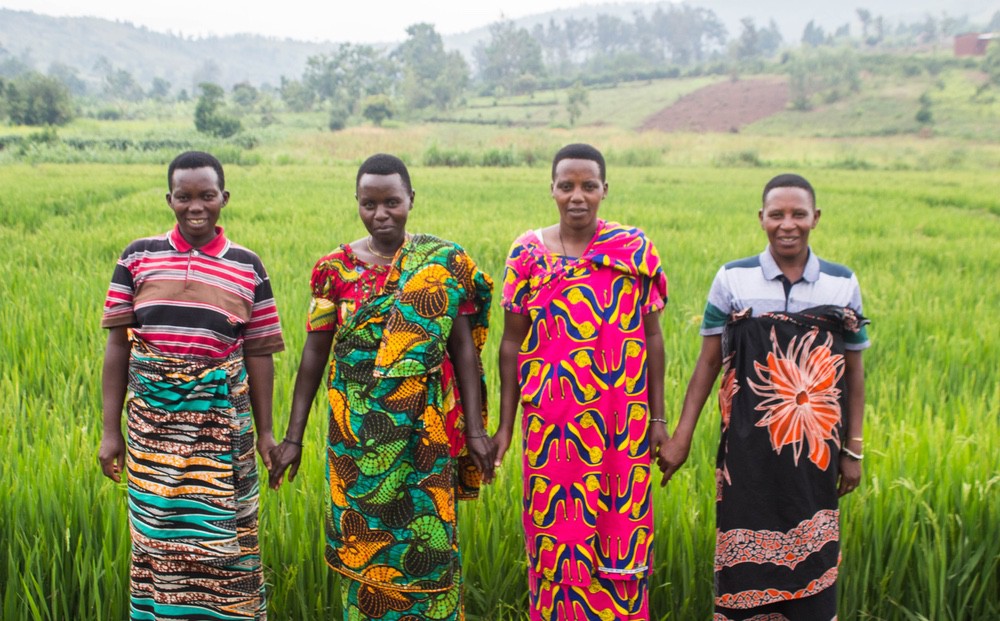 Des femmes au Burundi se tiennent la main dans un champs, soutenues par CARE via un programme d'égalité des genres
